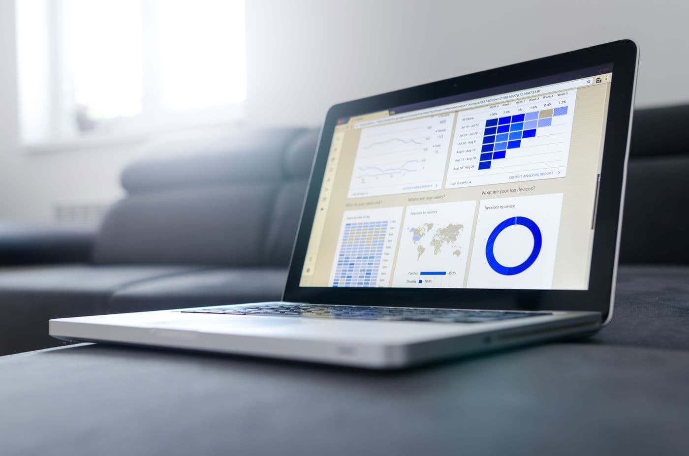 Analytics dashboards and data on a monitor