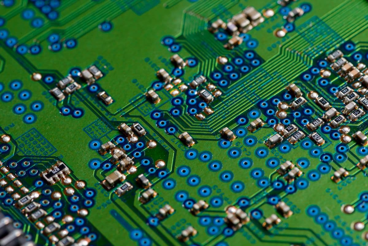 Close-up of a circuit board and semiconductor components