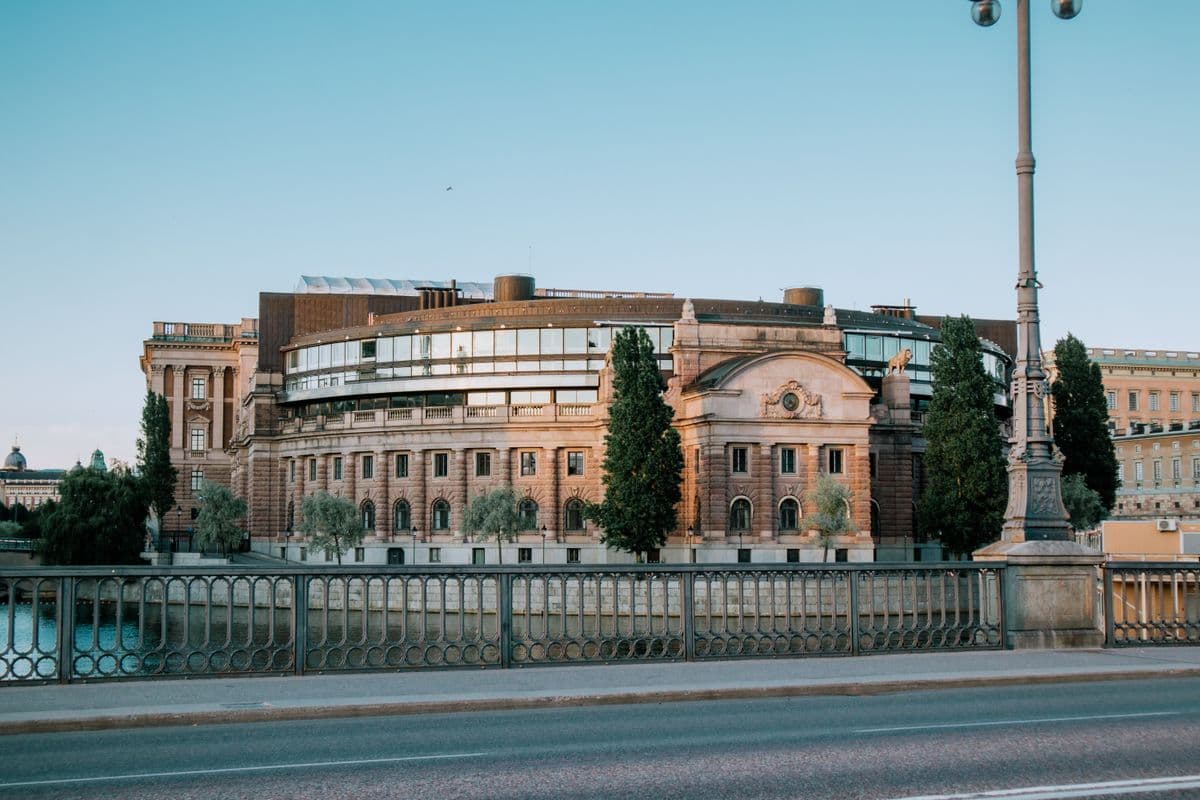 Government parliament building beside the water